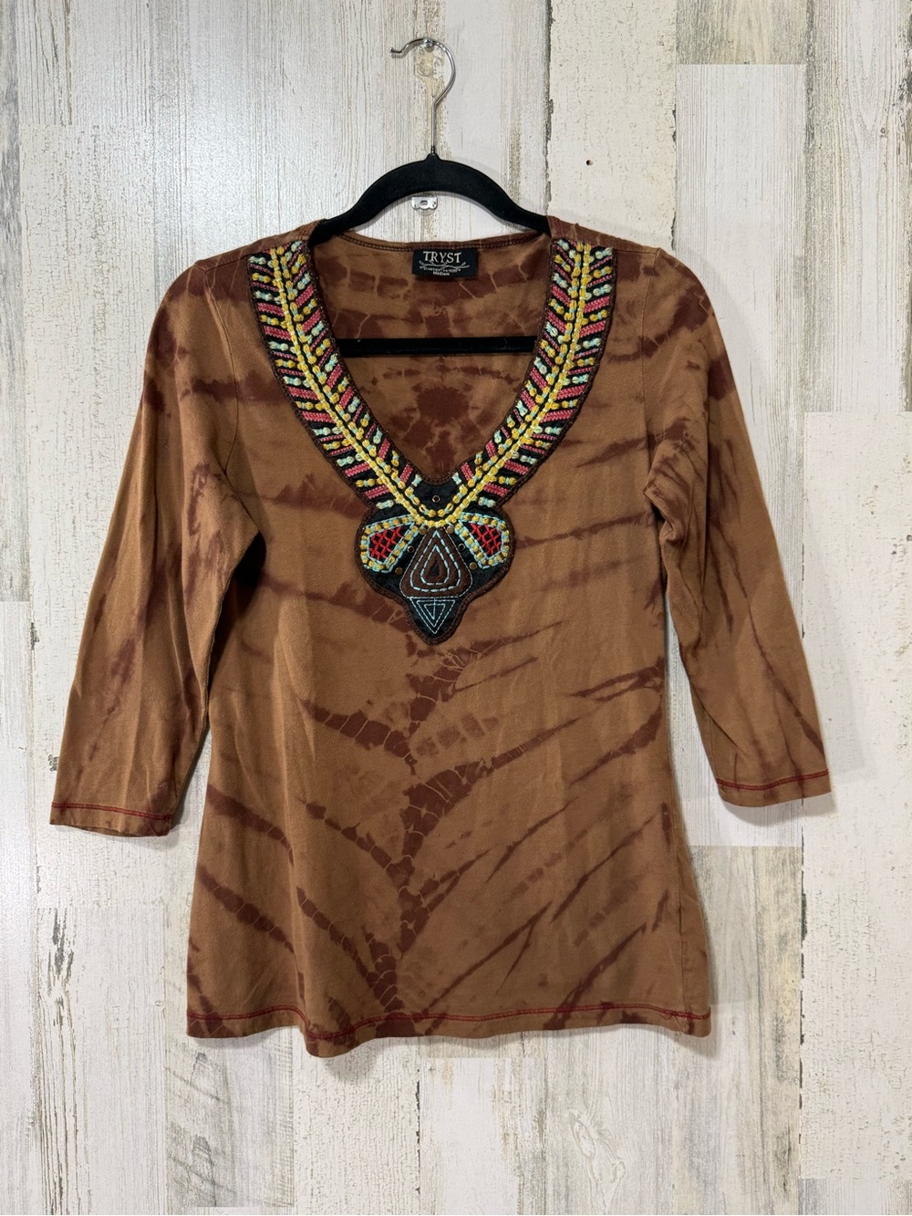 Tryst Brown Tie-Dye V-Neck Tunic with Beaded Embroidered Embellishment